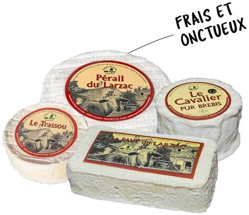 Nos douceurs, fromages de brebis, Pérail, Cavalier, Pavé et Trassou des Bergers du Larzac, Fabriqué en Aveyron
